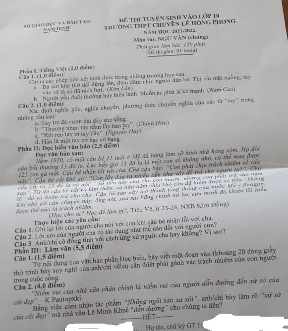 Đề thi tuyển sinh lớp 10 môn Văn Chuyên Lê Hồng Phong năm 2021