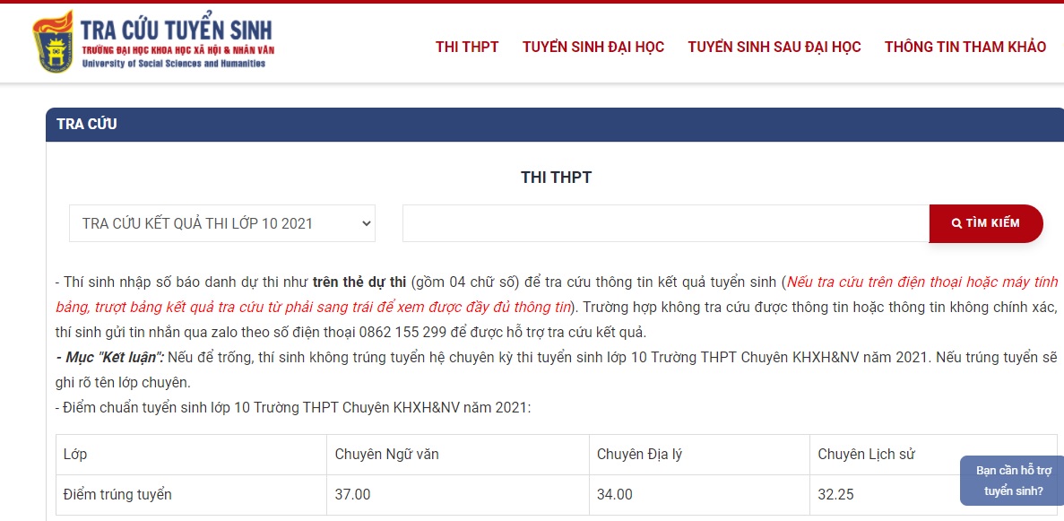 Điểm thi lớp 10 năm 2021 chuyên KHXH&NV