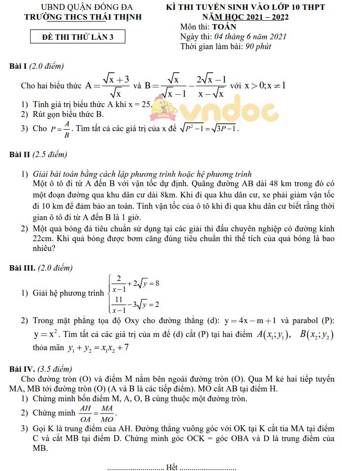 Đề thi thử vào lớp 10 môn Toán Trường THCS Thái Thịnh, Đống Đa năm 2021 - 2022 (lần 3)