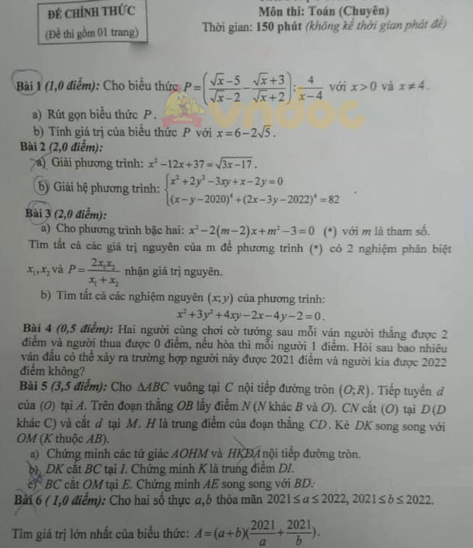 Đề thi tuyển sinh lớp 10 môn Toán Chuyên Đắk Nông năm 2021