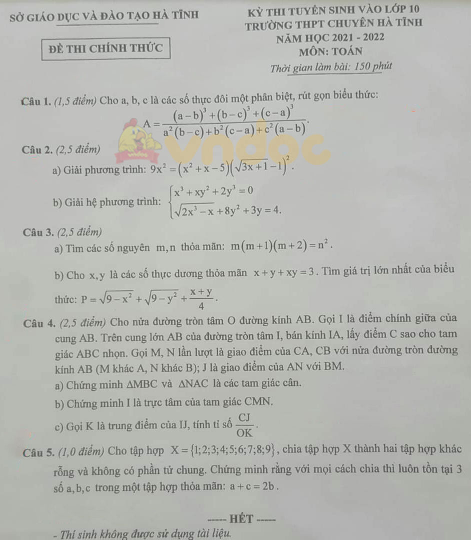 Đề thi tuyển sinh lớp 10 môn Toán Chuyên Hà Tĩnh năm 2021