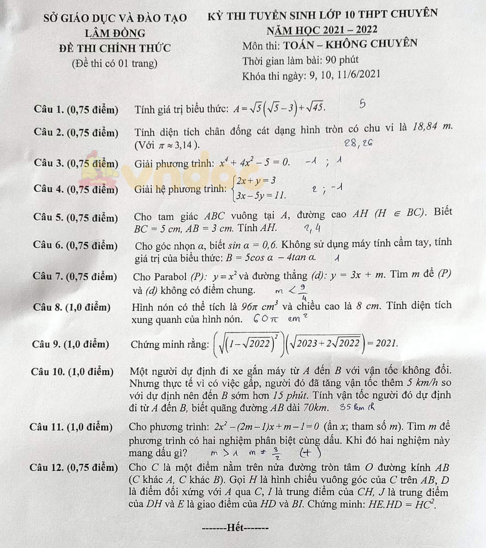 Đề thi tuyển sinh lớp 10 môn Toán Chuyên Lâm Đồng năm 2021