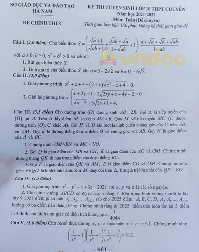 Đề thi tuyển sinh lớp 10 môn Toán Chuyên Hà Nam năm 2021