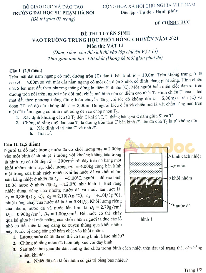 Đề thi vào lớp 10 năm 2021 THPT Chuyên Sư phạm môn Lý