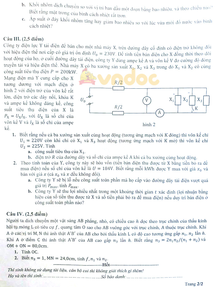 Đề thi vào lớp 10 năm 2021 THPT Chuyên Sư phạm môn Lý