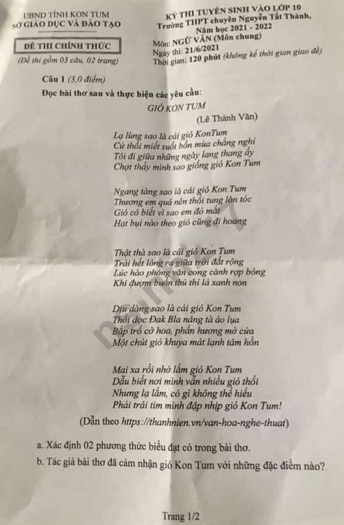 Đề thi tuyển sinh lớp 10 môn Văn Chuyên Nguyễn Tất Thành 2021