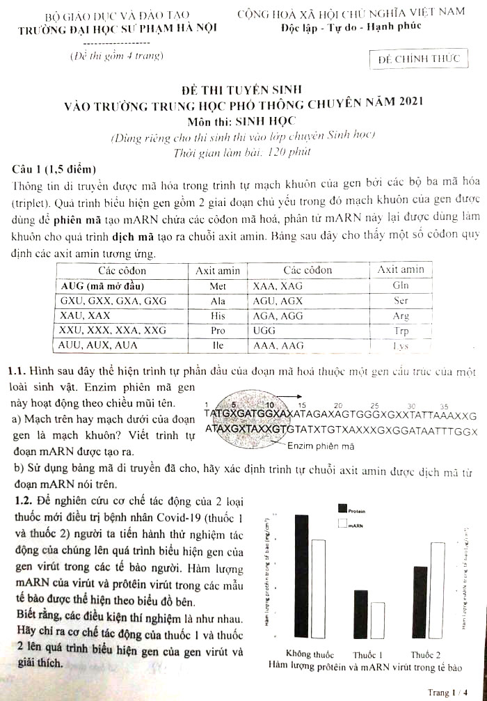 Đề thi tuyển sinh lớp 10 môn Sinh Chuyên Sư Phạm Hà Nội năm 2021