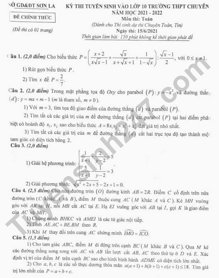Đề thi vào lớp 10 tỉnh Sơn La - môn Toán chuyên 2021