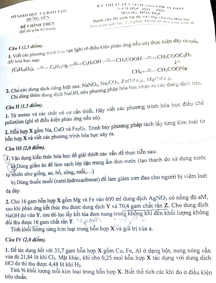 Đề thi tuyển sinh lớp 10 môn Hóa chuyên Hưng Yên năm 2021