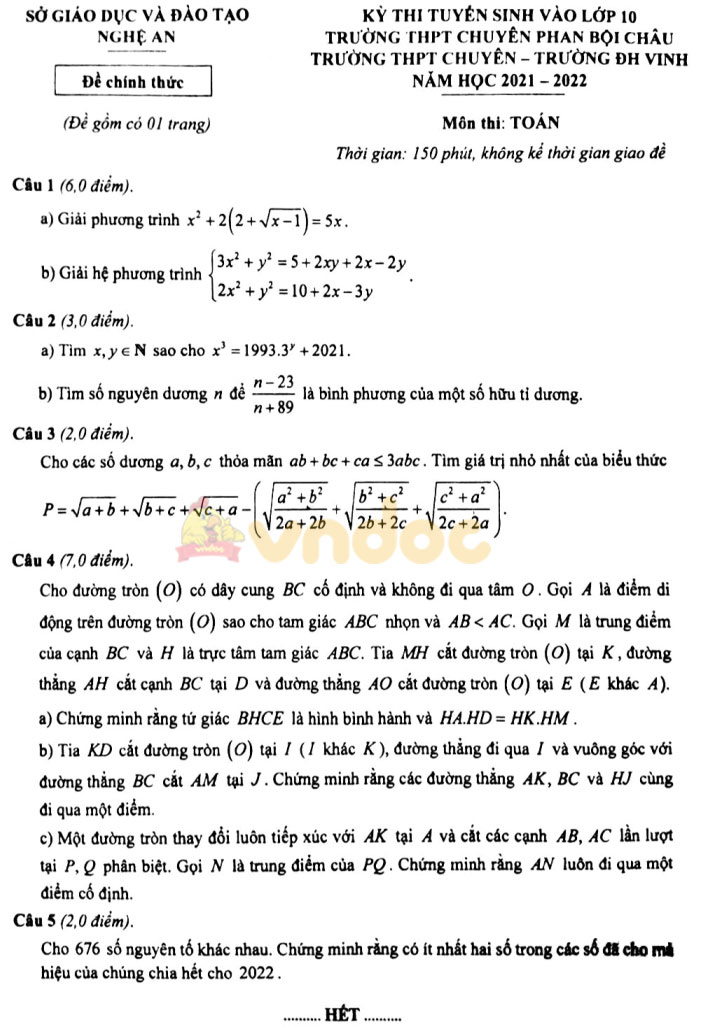 Đề thi vào lớp 10 THPT Chuyên - Nghệ An môn Toán 2021