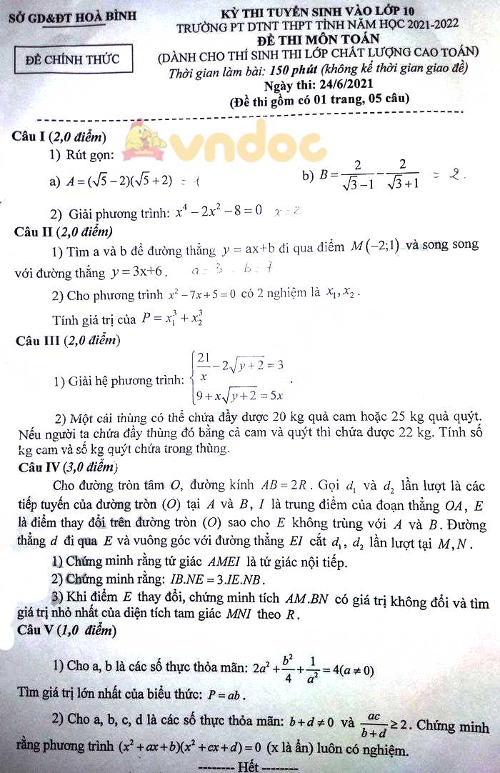 Đề thi tuyển sinh lớp 10 môn Toán Trường PT DTNT Hòa Bình năm 2021