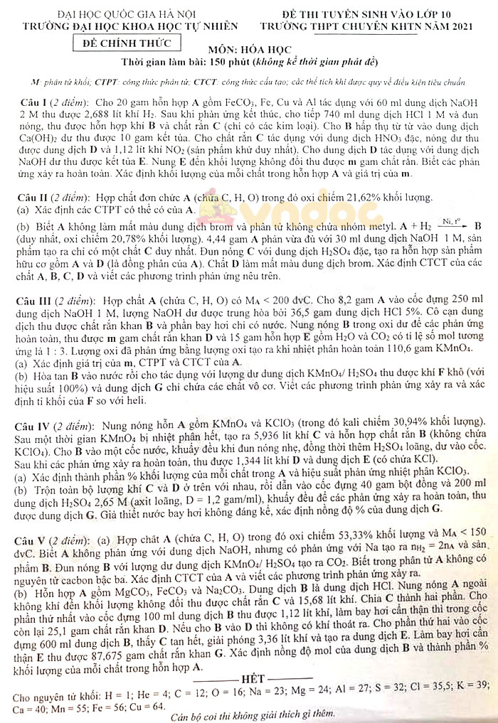 Đề thi vào lớp 10 chuyên KHTN năm 2021 môn Hóa