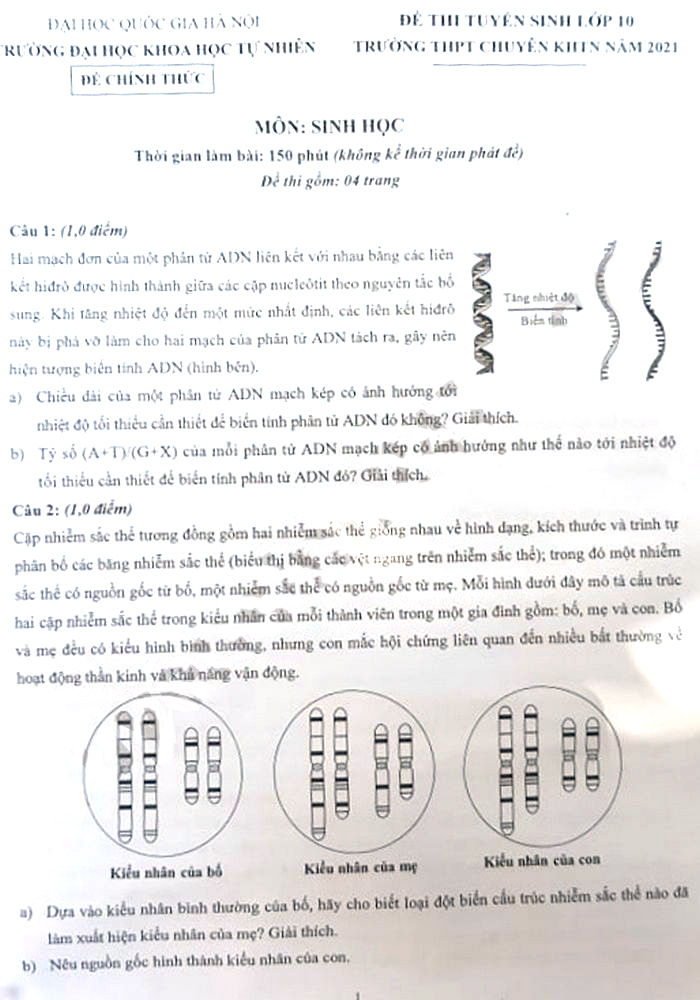 Đề thi tuyển sinh lớp 10 môn Sinh Chuyên KHTN Hà Nội năm 2021