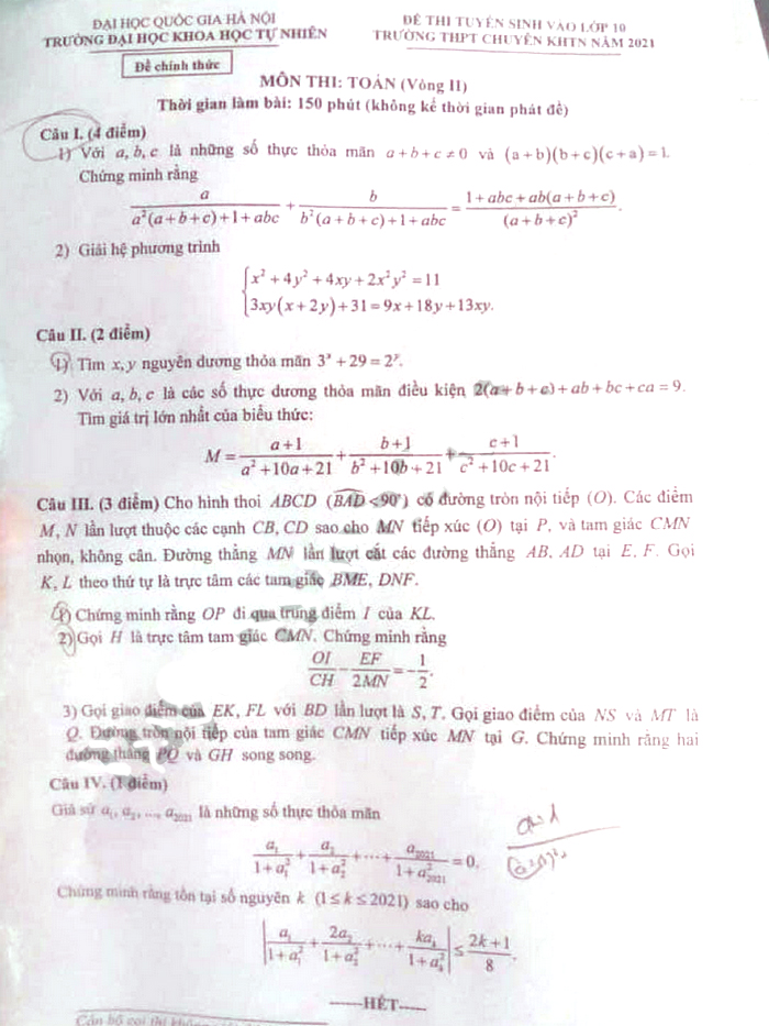 Đề thi tuyển sinh lớp 10 môn Toán Chuyên KHTN Hà Nội năm 2021 (vòng 2)