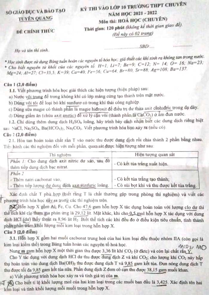 Đề thi tuyển sinh lớp 10 môn Hóa chuyên Tuyên Quang năm 2021