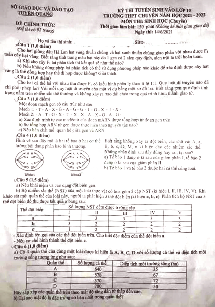 Đề thi tuyển sinh lớp 10 môn Sinh Chuyên Tuyên Quang năm 2021