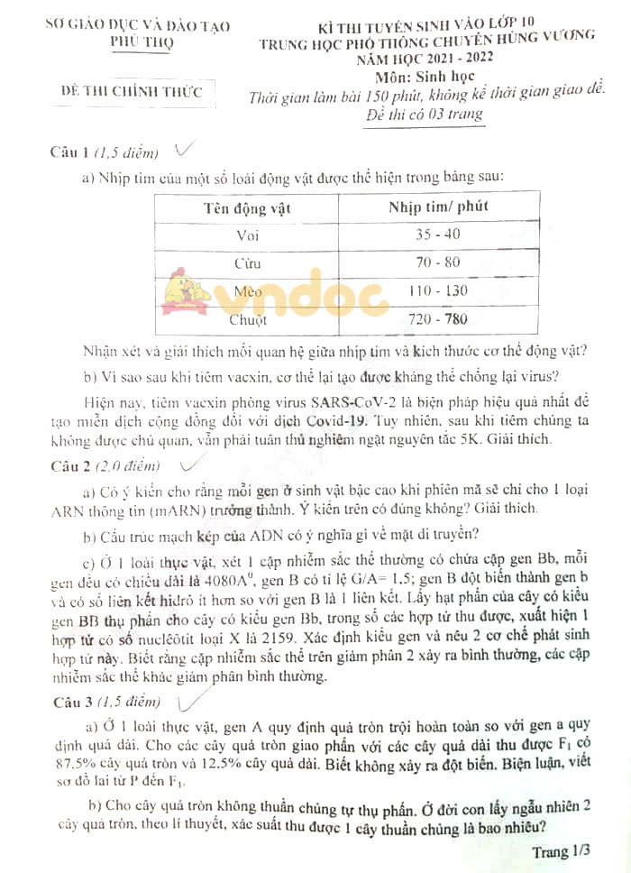Đề thi tuyển sinh lớp 10 chuyên Sinh Phú Thọ năm 2021