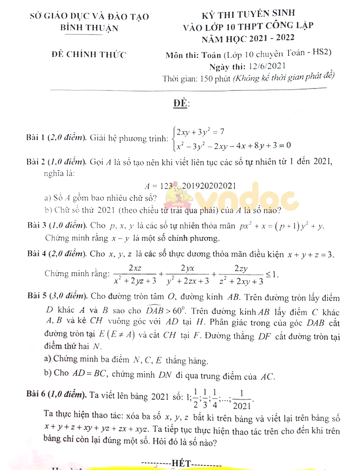 Đề thi tuyển sinh lớp 10 môn Toán Chuyên Bình Thuận năm 2021