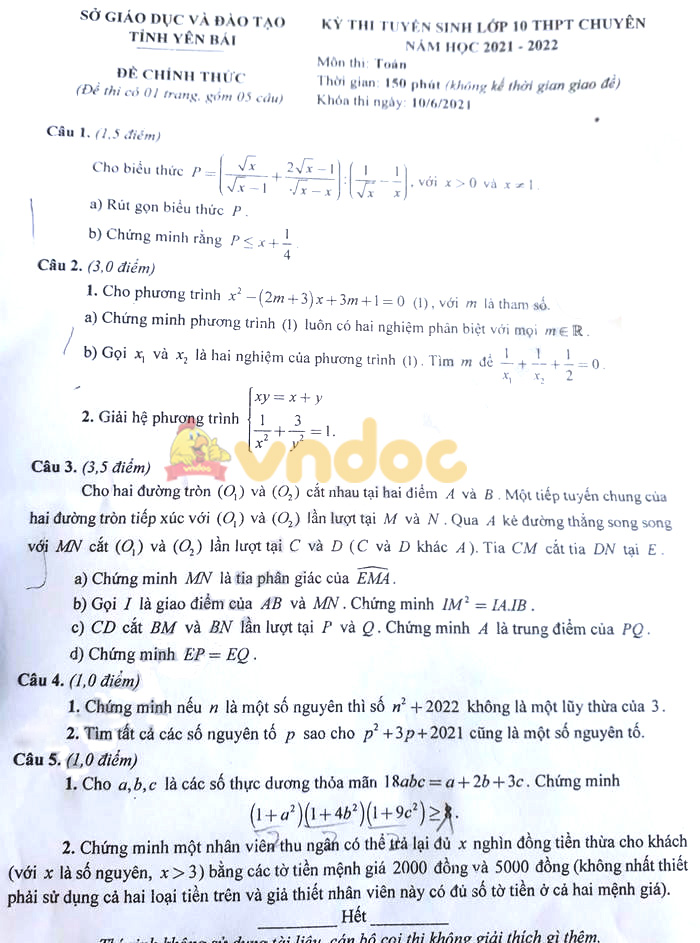 Đề thi tuyển sinh lớp 10 môn Toán Chuyên Yên Bái năm 2021