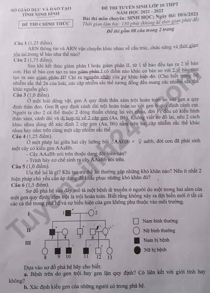 Đề thi tuyển sinh lớp 10 môn Sinh Chuyên Ninh Bình năm 2021