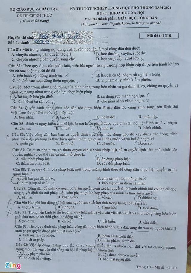 Đề GDCD THPT Quốc Gia 2021