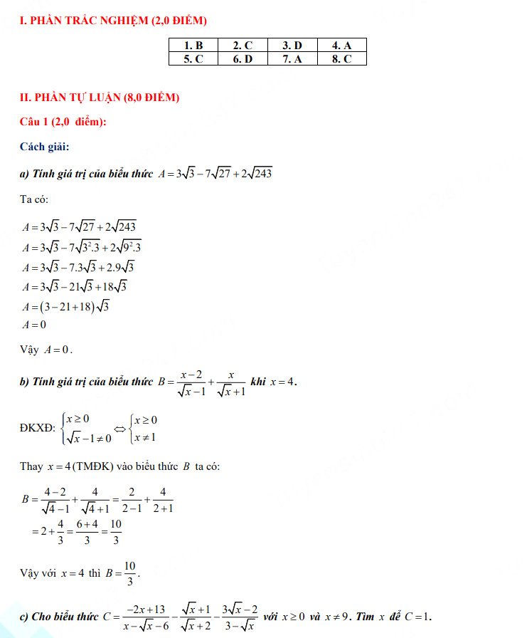 Đáp án đề thi vào lớp 10 năm 2021 tỉnh Hậu Giang môn Toán