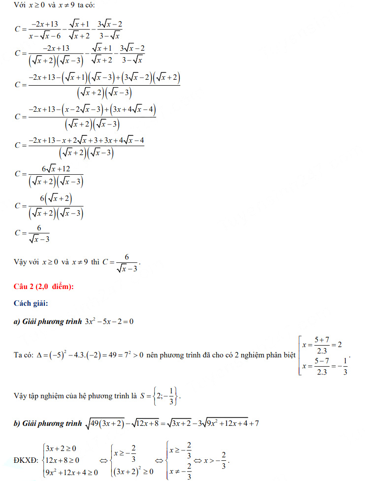 Đáp án đề thi vào lớp 10 năm 2021 tỉnh Hậu Giang môn Toán
