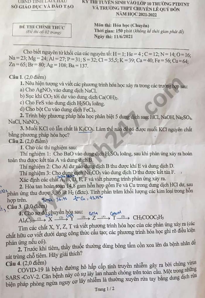 Đề thi tuyển sinh lớp 10 môn Hóa chuyên Lai Châu năm 2021