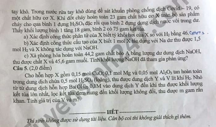 Đề thi tuyển sinh lớp 10 môn Hóa chuyên Lai Châu năm 2021