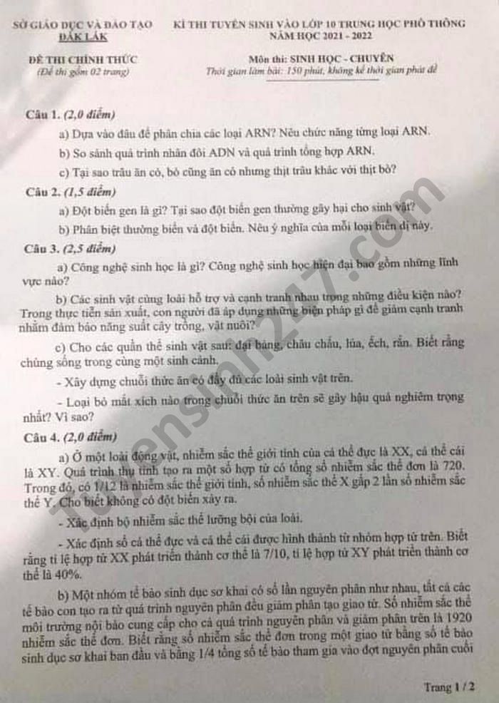 Đề thi tuyển sinh lớp 10 môn Sinh Chuyên Đắk Lắk năm 2021