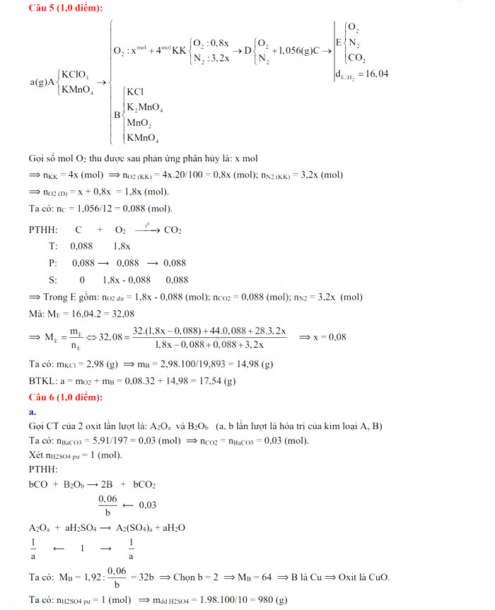 Đáp án đề thi vào lớp 10 năm 2021 môn Hóa chuyên tỉnh Thái Nguyên