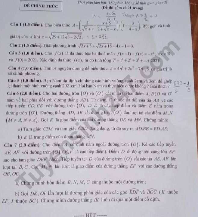 Đề thi vào lớp 10 môn Toán chuyên Thái Nguyên năm 2021