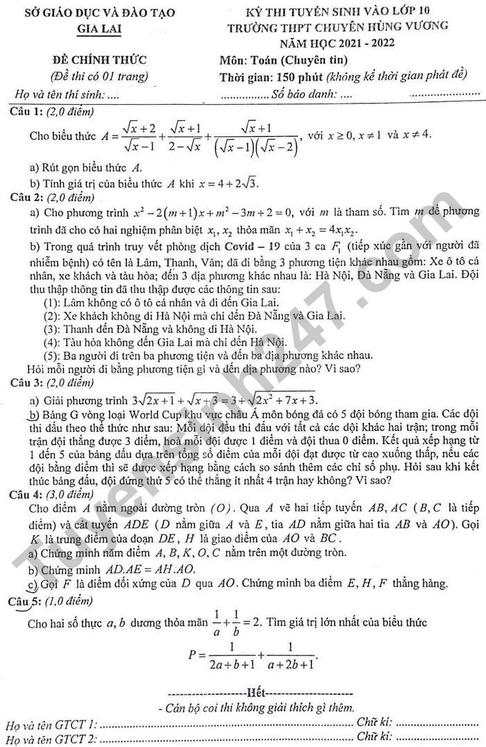 Đề thi tuyển sinh lớp 10 môn Toán Chuyên Tin Gia Lai 2021