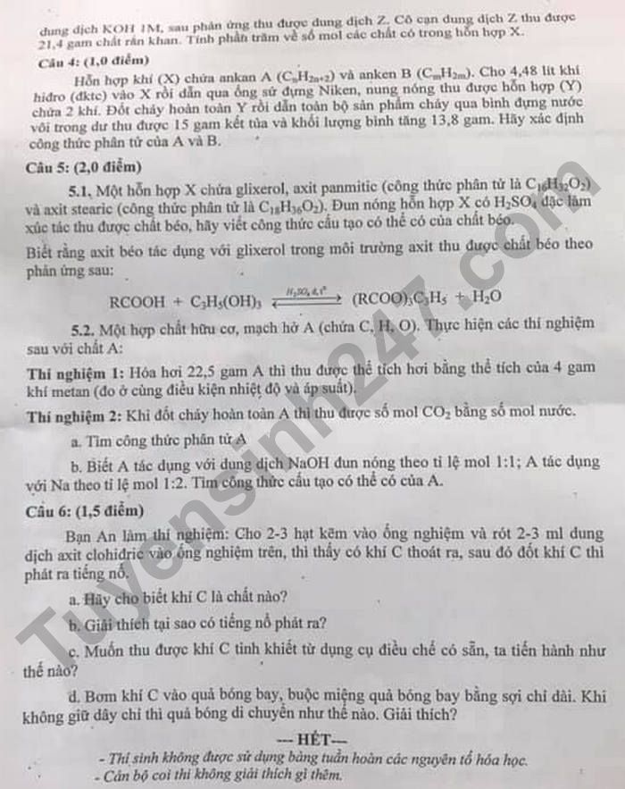 Đề thi vào lớp 10 tỉnh Bình Phước môn Hóa Chuyên 2021