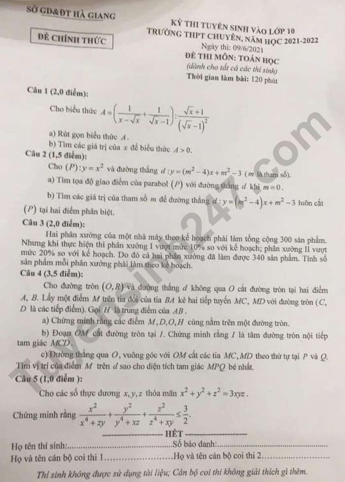 Đề thi tuyển sinh lớp 10 môn Toán Chuyên Hà Giang năm 2021