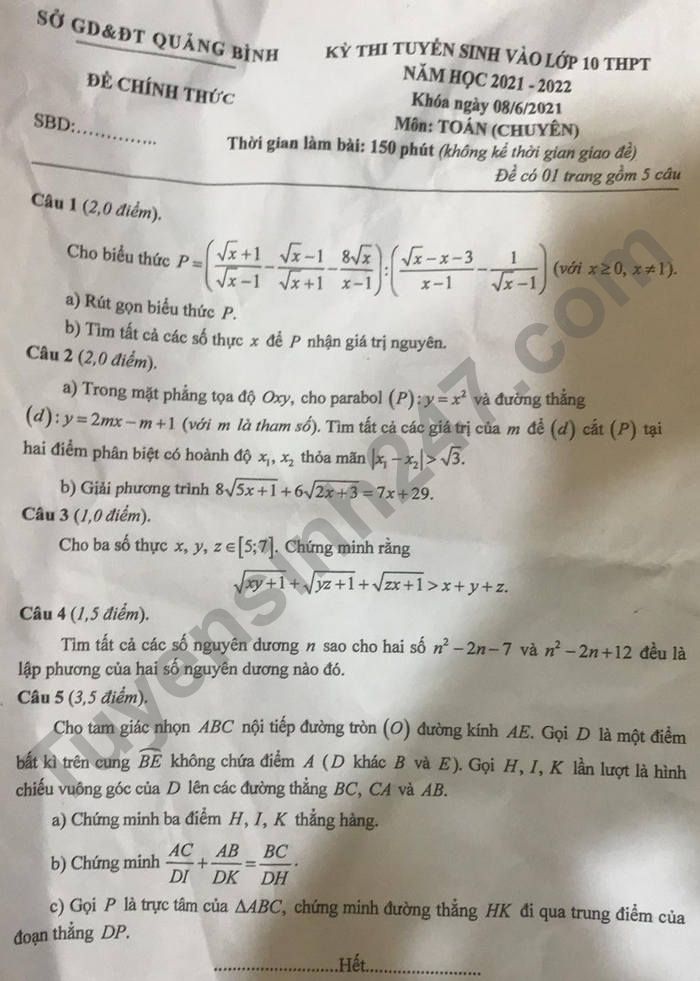 Đề thi tuyển sinh lớp 10 môn Toán Chuyên Quảng Bình năm 2021