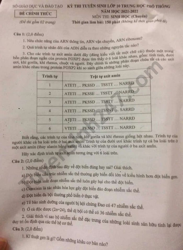 Đề thi tuyển sinh lớp 10 môn Sinh Chuyên Đắk Nông năm 2021
