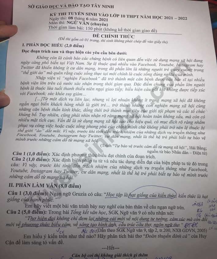 Đề thi vào lớp 10 môn Văn chuyên - Tây Ninh năm 2021
