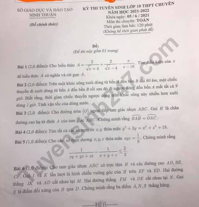 Đề thi vào lớp 10 THPT chuyên tỉnh Ninh Thuận môn Toán 2021