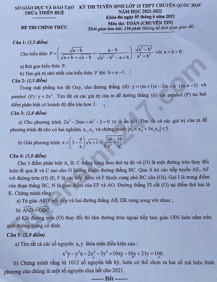 Đề thi vào lớp 10 môn Toán chuyên Tin - THPT Chuyên Quốc Học Huế 2021
