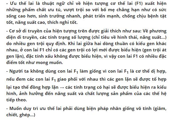 Ưu thế lai là gì? cho biết cơ sở di truyền của hiện tượng ưu thế lai? tai xao không dùng cơ sở lai F1 để nhân giống? muốn duy trì ưu thế lai thì phải dùng biện pháp gì?