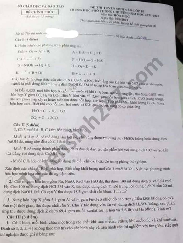 Đề thi tuyển sinh lớp 10 môn Hóa chuyên tỉnh Bình Dương năm 2021