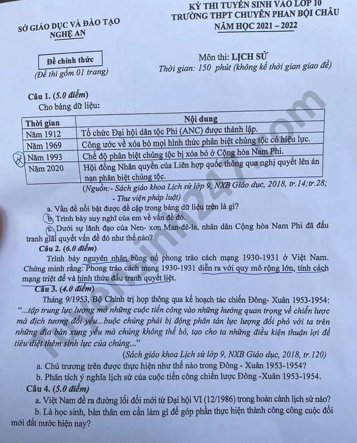 Đề thi vào lớp 10 THPT chuyên môn Sử Tỉnh Nghệ An năm 2021