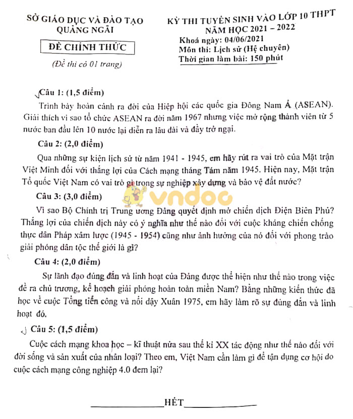 Đề thi tuyển sinh lớp 10 môn Sử Chuyên Quảng Ngãi năm 2021