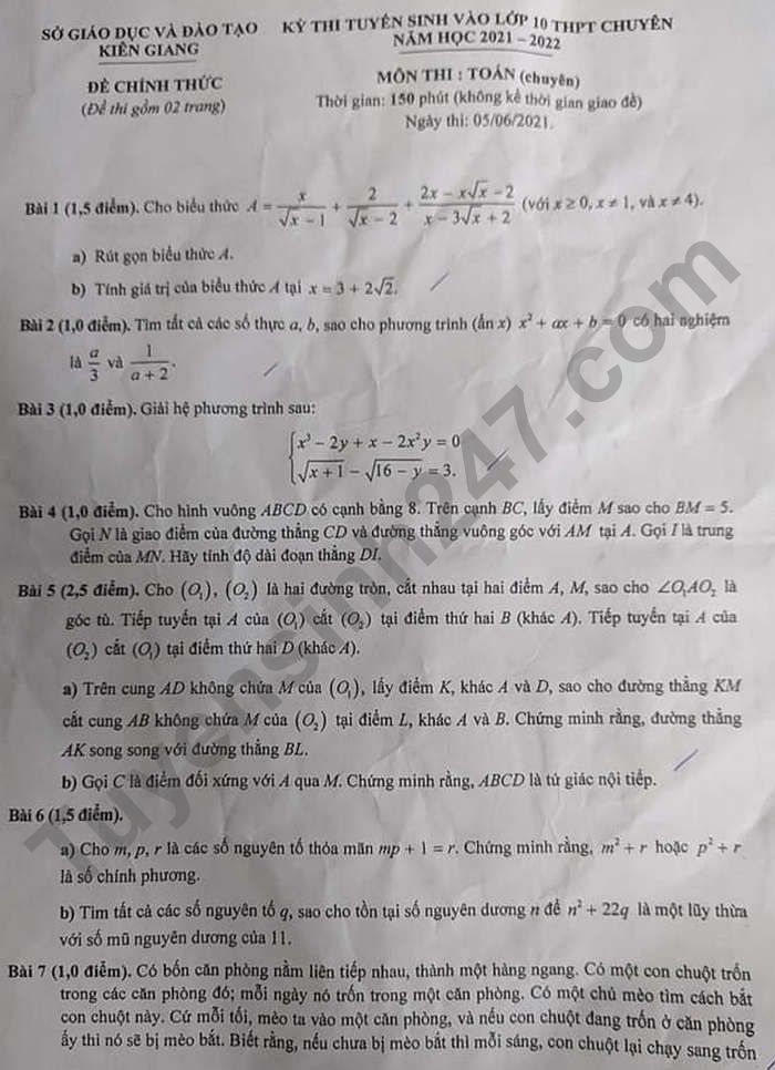 Đề thi tuyển sinh lớp 10 môn Toán Chuyên tỉnh Kiên Giang năm 2021