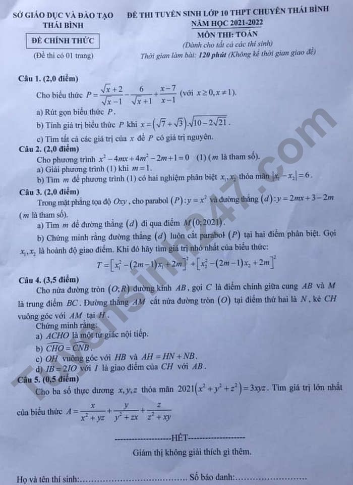 Đề thi vào lớp 10 THPT Chuyên Thái Bình môn Toán 2021