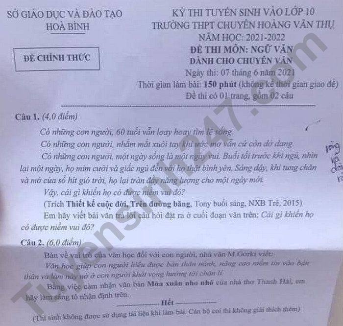 Đề thi vào lớp 10 môn Văn Chuyên tỉnh Hòa Bình năm 2021