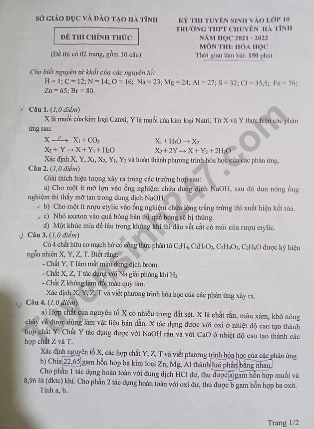 Đề thi vào lớp 10 môn Hóa chuyên Hà Tĩnh 2021