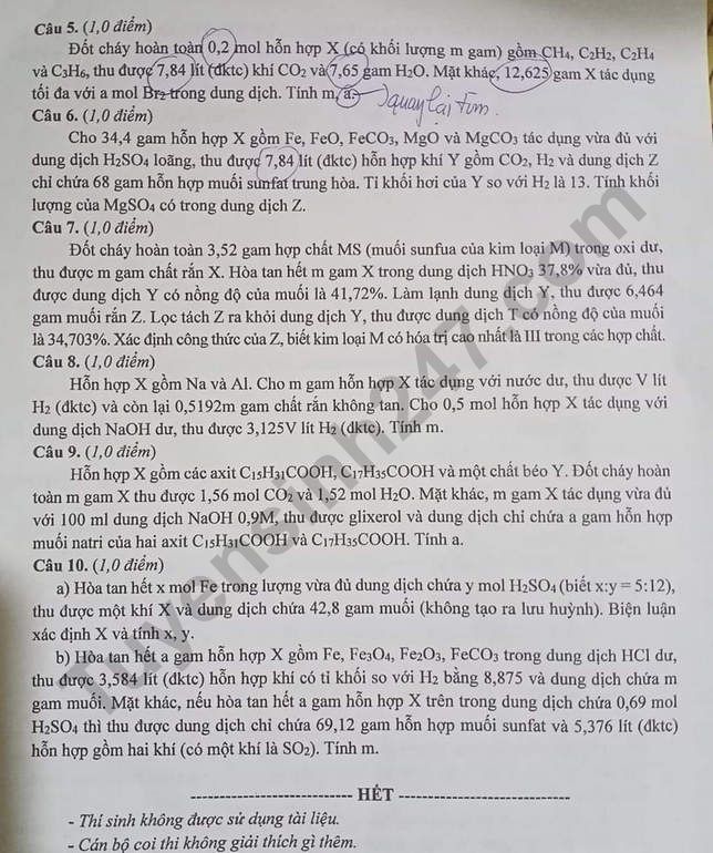 Đề thi vào lớp 10 môn Hóa chuyên Hà Tĩnh 2021