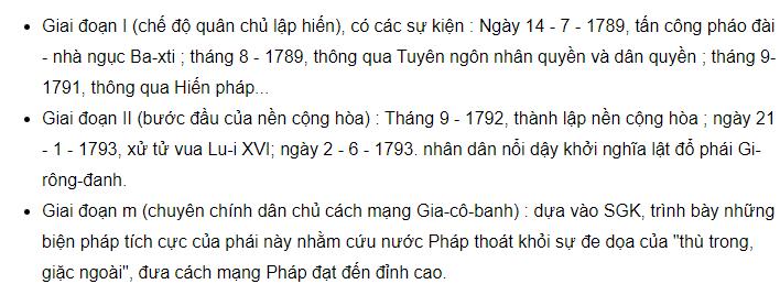 Nêu những sự kiện chủ yếu qua các giai đoạn để chứng tỏ sự phát triển của Cách mạng tư sản Pháp?